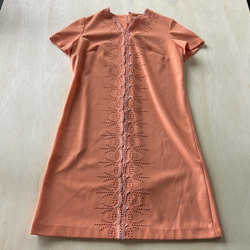 Vintage Jule-Wyn Dress Womens Medium Orange Beaded Shift Short Belted Mini